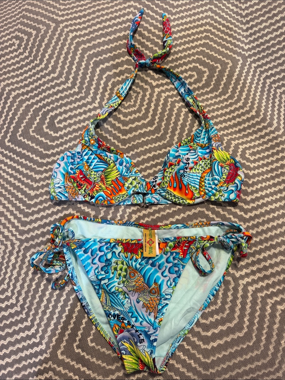 Cove Girl Style Tattoo Koi Dragon Bikini Set Halter Side Tie Y2K Small